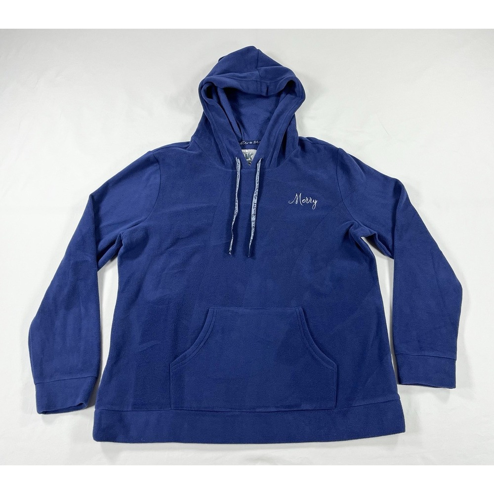 Muk Luks Women's L Merry Embroidered Royal Blue Plush Fleece Cozy Holiday Hoodie